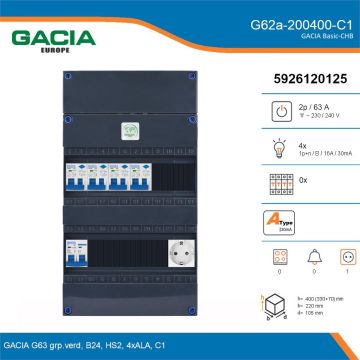 GACIA G62a-200400-C1, 1-fase groepenkast 63A met aardlekautomaten, 4-groepen, 1V-contactdoos, details