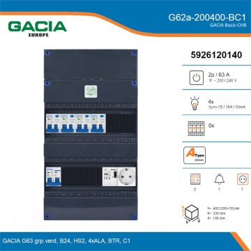GACIA G62a-200400-BC1, 1-fase groepenkast 63A met aardlekautomaten, 4-groepen, beltrafo, 1V-contactdoos, details