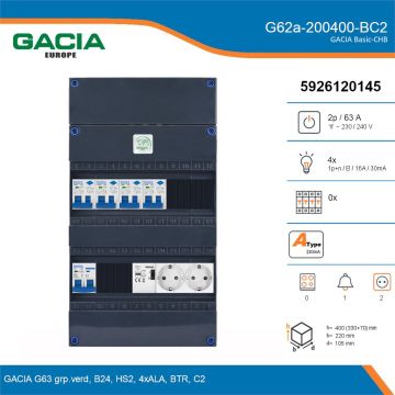 GACIA G62a-200400-BC2, 1-fase groepenkast 63A met aardlekautomaten, 4-groepen, beltrafo, 2V-contactdoos, details
