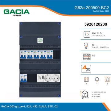 GACIA G62a-200500-BC2, 1-fase groepenkast 63A met aardlekautomaten, 5-groepen, beltrafo, 2V-contactdoos, details
