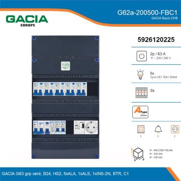 GACIA G62a-200500-FBC1, 1-fase groepenkast 63A met aardlekautomaten, 6-groepen, fornuisgroep, beltrafo, 1V-contactdoos, details
