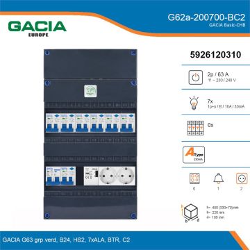 GACIA G62a-200700-BC2, 1-fase groepenkast 63A met aardlekautomaten, 7-groepen, beltrafo, 2V-contactdoos, details