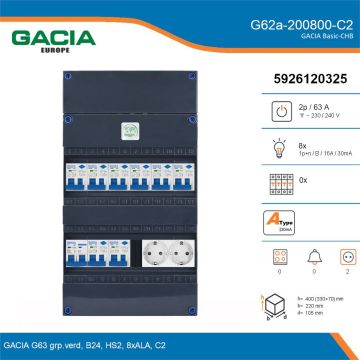 GACIA G62a-200800-C2, 1-fase groepenkast 63A met aardlekautomaten, 8-groepen, 2V-contactdoos, details