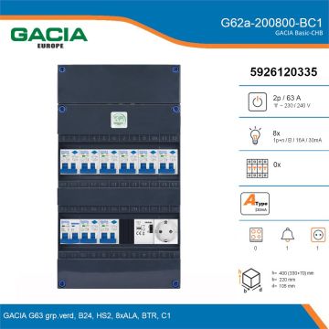GACIA G62a-200800-BC1, 1-fase groepenkast 63A met aardlekautomaten, 8-groepen, beltrafo, 1V-contactdoos, details