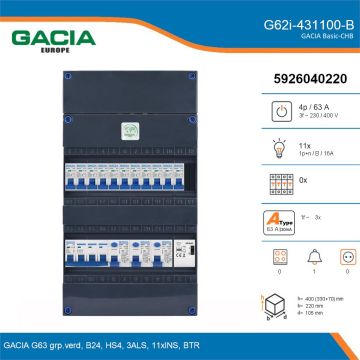 GACIA G62i-431100-B, 3-fase groepenkast 63A met installatieautomaten, 11-groepen, beltrafo, details
