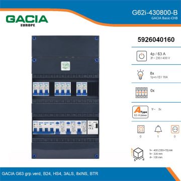 GACIA G62i-430800-B, 3-fase groepenkast 63A met installatieautomaten, 8-groepen, beltrafo, details