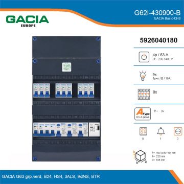 GACIA G62i-430900-B, 3-fase groepenkast 63A met installatieautomaten, 9-groepen, beltrafo, details