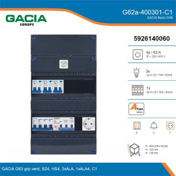 GACIA G62a-400301-C1, 3-fase groepenkast 63A met aardlekautomaten, 4-groepen, 1V-contactdoos, details