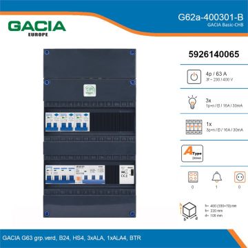 GACIA G62a-400301-B, 3-fase groepenkast 63A met aardlekautomaten, 4-groepen, beltrafo, details