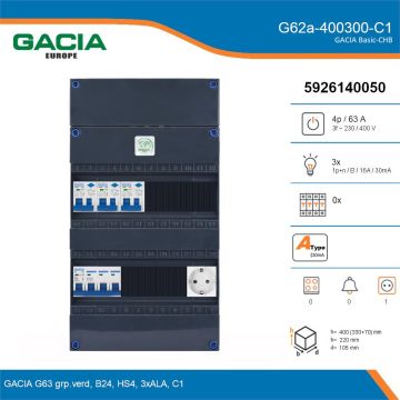 GACIA G62a-400300-C1, 3-fase groepenkast 63A met aardlekautomaten, 3-groepen, 1V-contactdoos, details
