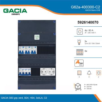 GACIA G62a-400300-C2, 3-fase groepenkast 63A met aardlekautomaten, 3-groepen, 2V-contactdoos, details