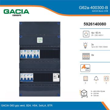 GACIA G62a-400300-B, 3-fase groepenkast 63A met aardlekautomaten, 3-groepen, beltrafo, details