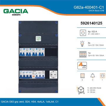 GACIA G62a-400401-C1, 3-fase groepenkast 63A met aardlekautomaten, 5-groepen, 1V-contactdoos, details