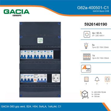 GACIA G62a-400501-C1, 3-fase groepenkast 63A met aardlekautomaten, 6-groepen, 1V-contactdoos, details