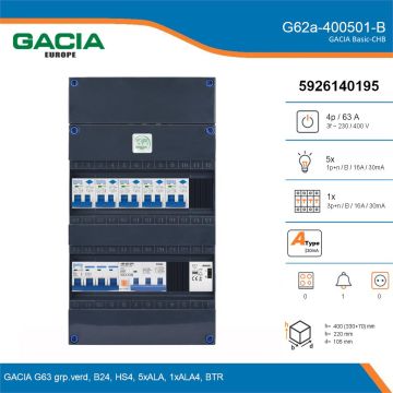 GACIA G62a-400501-B, 3-fase groepenkast 63A met aardlekautomaten, 6-groepen, beltrafo, details