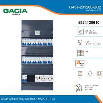 GACIA G43a-201200-BC2, 1-fase groepenkast 40A met aardlekautomaten, 12-groepen, beltrafo, 2V-contactdoos, details