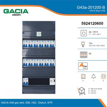 GACIA G43a-201200-B, 1-fase groepenkast 40A met aardlekautomaten, 12-groepen, beltrafo, details