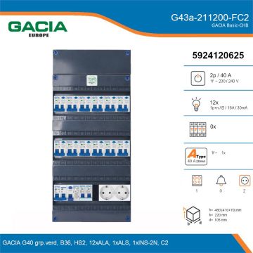 GACIA G43a-211200-FC2, 1-fase groepenkast 40A met aardlekautomaten, 13-groepen, fornuisgroep, 2V-contactdoos, details
