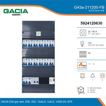 GACIA G43a-211200-FB, 1-fase groepenkast 40A met aardlekautomaten, 13-groepen, fornuisgroep, beltrafo, details