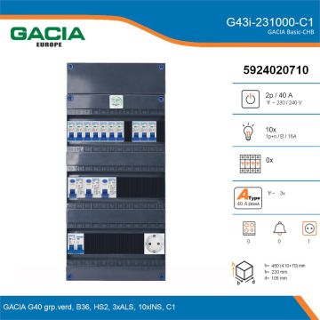 GACIA G43i-231000-C1, 1-fase groepenkast 40A met installatieautomaten, 10-groepen, 1V-contactdoos, details