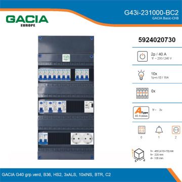 GACIA G43i-231000-BC2, 1-fase groepenkast 40A met installatieautomaten, 10-groepen, beltrafo, 2V-contactdoos, details