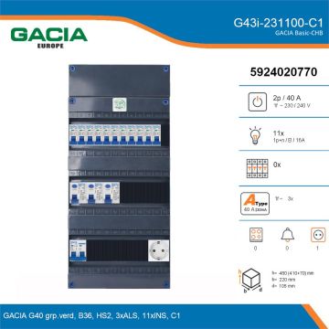 GACIA G43i-231100-C1, 1-fase groepenkast 40A met installatieautomaten, 11-groepen, 1V-contactdoos, details