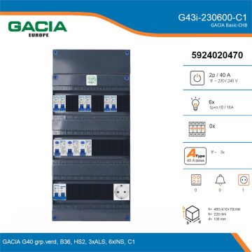 GACIA G43i-230600-C1, 1-fase groepenkast 40A met installatieautomaten, 6-groepen, 1V-contactdoos, details