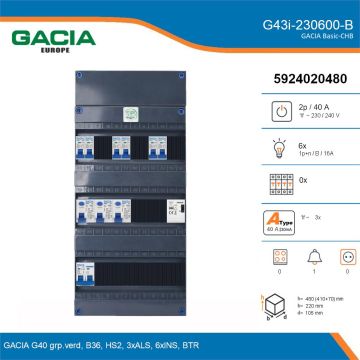 GACIA G43i-230600-B, 1-fase groepenkast 40A met installatieautomaten, 6-groepen, beltrafo, details