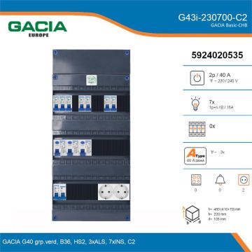 GACIA G43i-230700-C2, 1-fase groepenkast 40A met installatieautomaten, 7-groepen, 2V-contactdoos, details