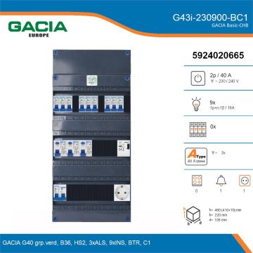 GACIA G43i-230900-BC1, 1-fase groepenkast 40A met installatieautomaten, 9-groepen, beltrafo, 1V-contactdoos, details