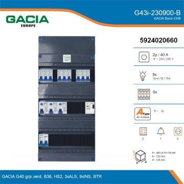 GACIA G43i-230900-B, 1-fase groepenkast 40A met installatieautomaten, 9-groepen, beltrafo, details