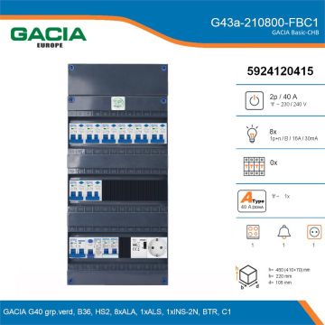 GACIA G43a-210800-FBC1, 1-fase groepenkast 40A met aardlekautomaten, 9-groepen, fornuisgroep, beltrafo, 1V-contactdoos, details