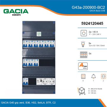GACIA G43a-200900-BC2, 1-fase groepenkast 40A met aardlekautomaten, 9-groepen, beltrafo, 2V-contactdoos, details