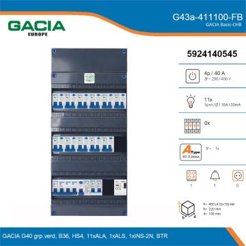 GACIA G43a-411100-FB, 3-fase groepenkast 40A met aardlekautomaten, 12-groepen, fornuisgroep, beltrafo, details