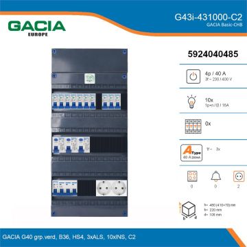 GACIA G43i-431000-C2, 3-fase groepenkast 40A met installatieautomaten, 10-groepen, 2V-contactdoos, details