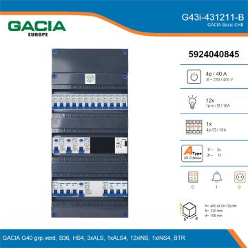 GACIA G43i-431211-B, 3-fase groepenkast 40A met installatieautomaten, 13-groepen, beltrafo, details