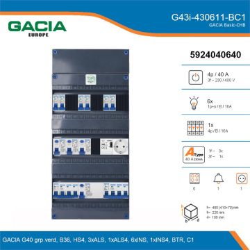 GACIA G43i-430611-BC1, 3-fase groepenkast 40A met installatieautomaten, 7-groepen, beltrafo, 1V-contactdoos, details