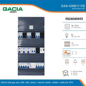 GACIA G43i-430611-FB, 3-fase groepenkast 40A met installatieautomaten, 8-groepen, fornuisgroep, beltrafo, details