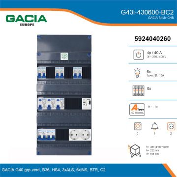 GACIA G43i-430600-BC2, 3-fase groepenkast 40A met installatieautomaten, 6-groepen, beltrafo, 2V-contactdoos, details
