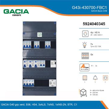 GACIA G43i-430700-FBC1, 3-fase groepenkast 40A met installatieautomaten, 8-groepen, fornuisgroep, beltrafo, 1V-contactdoos, details