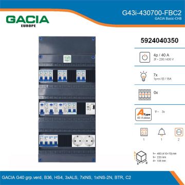 GACIA G43i-430700-FBC2, 3-fase groepenkast 40A met installatieautomaten, 8-groepen, fornuisgroep, beltrafo, 2V-contactdoos, details