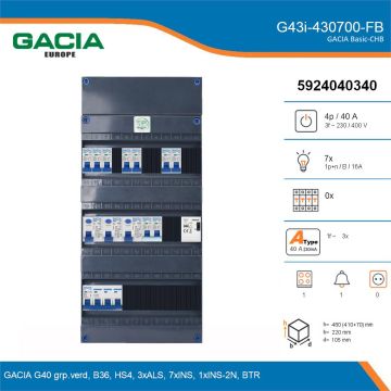 GACIA G43i-430700-FB, 3-fase groepenkast 40A met installatieautomaten, 8-groepen, fornuisgroep, beltrafo, details