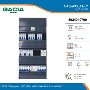 GACIA G43i-430811-C1, 3-fase groepenkast 40A met installatieautomaten, 9-groepen, 1V-contactdoos, details