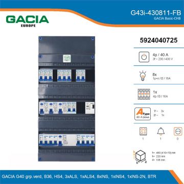 GACIA G43i-430811-FB, 3-fase groepenkast 40A met installatieautomaten, 10-groepen, fornuisgroep, beltrafo, details