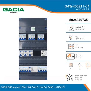 GACIA G43i-430911-C1, 3-fase groepenkast 40A met installatieautomaten, 10-groepen, 1V-contactdoos, details