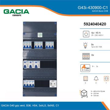 GACIA G43i-430900-C1, 3-fase groepenkast 40A met installatieautomaten, 9-groepen, 1V-contactdoos, details