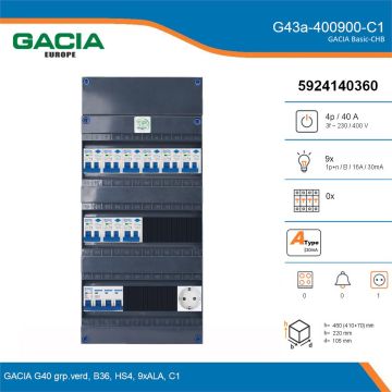 GACIA G43a-400900-C1, 3-fase groepenkast 40A met aardlekautomaten, 9-groepen, 1V-contactdoos, details