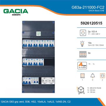 GACIA G63a-211000-FC2, 1-fase groepenkast 63A met aardlekautomaten, 11-groepen, fornuisgroep, 2V-contactdoos, details