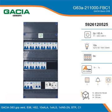 GACIA G63a-211000-FBC1, 1-fase groepenkast 63A met aardlekautomaten, 11-groepen, fornuisgroep, beltrafo, 1V-contactdoos, details