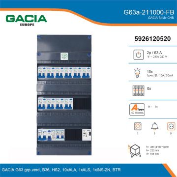 GACIA G63a-211000-FB, 1-fase groepenkast 63A met aardlekautomaten, 11-groepen, fornuisgroep, beltrafo, details